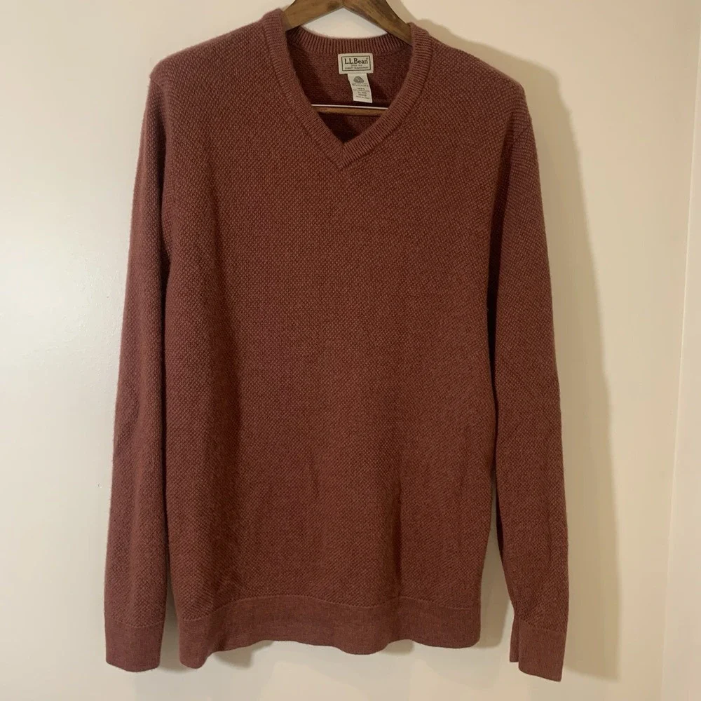 Vintage LL Bean Mens V Neck Merino Wool Sweater XL Rust Brown Textured Outdoors